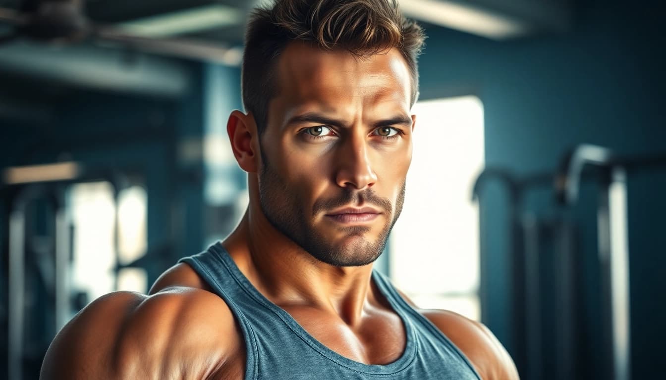 Starkes Bild vom Bodybuilder, der sustanon 250 kaufen möchte und sich auf Training konzentriert.