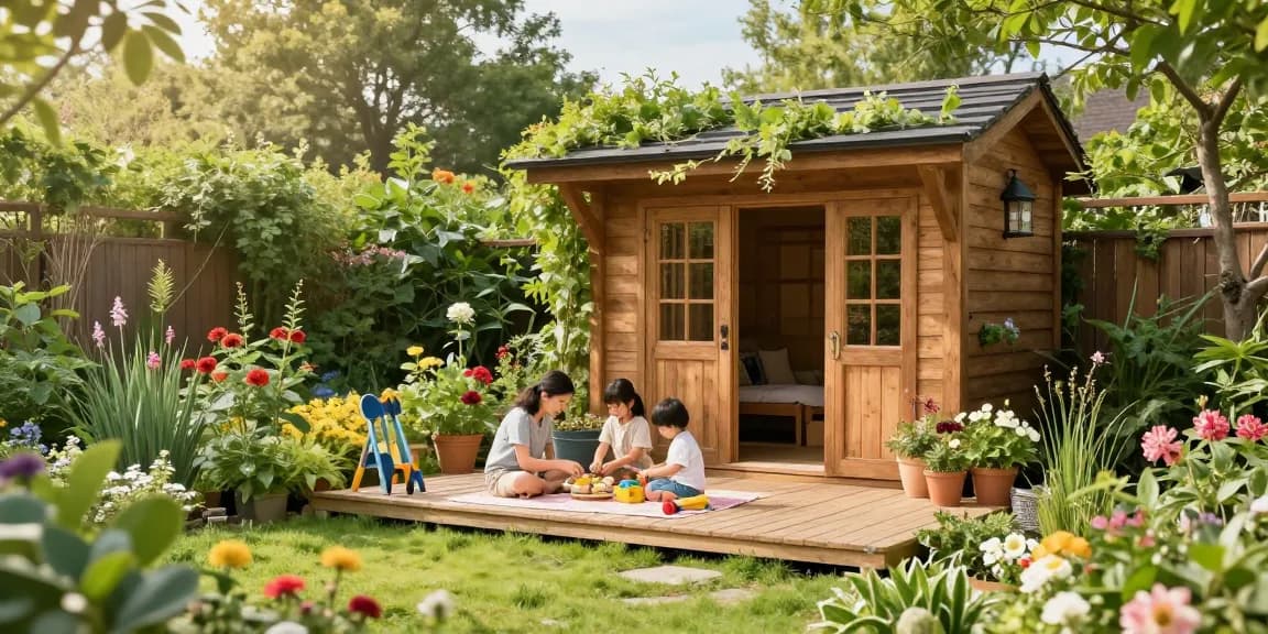 Gartenhäuser aus Holz im idyllischen Garten mit Familie beim Picknick
