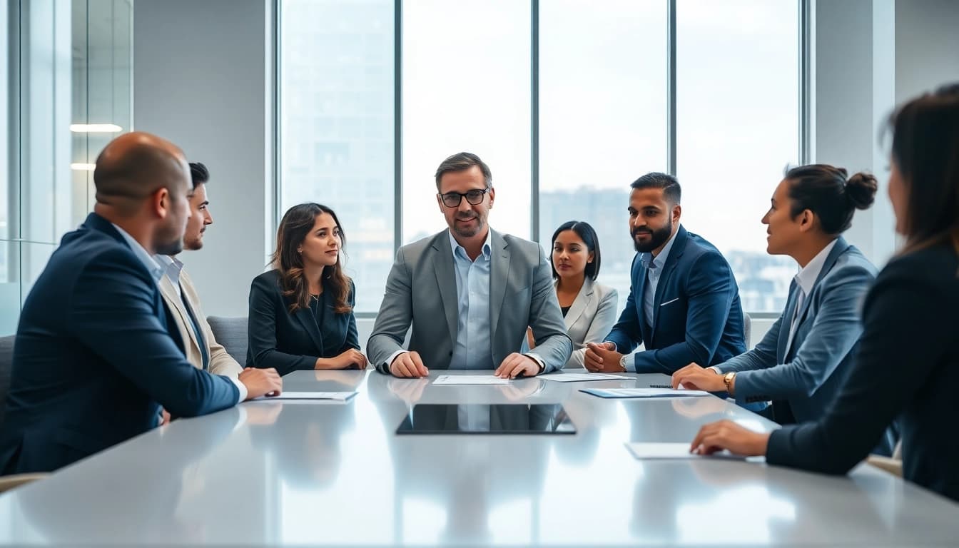 Hochqualifizierter Headhunter Schweiz diskutiert erfolgreich mit einem Team in modernem Büro.