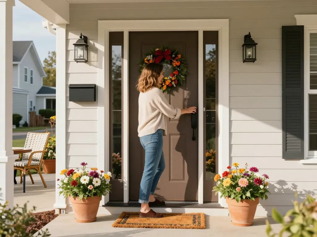 Einladende Haustür, die den Zugang zu einem gemütlichen Zuhause verbessert und den Charme des Außenbereichs verstärkt.