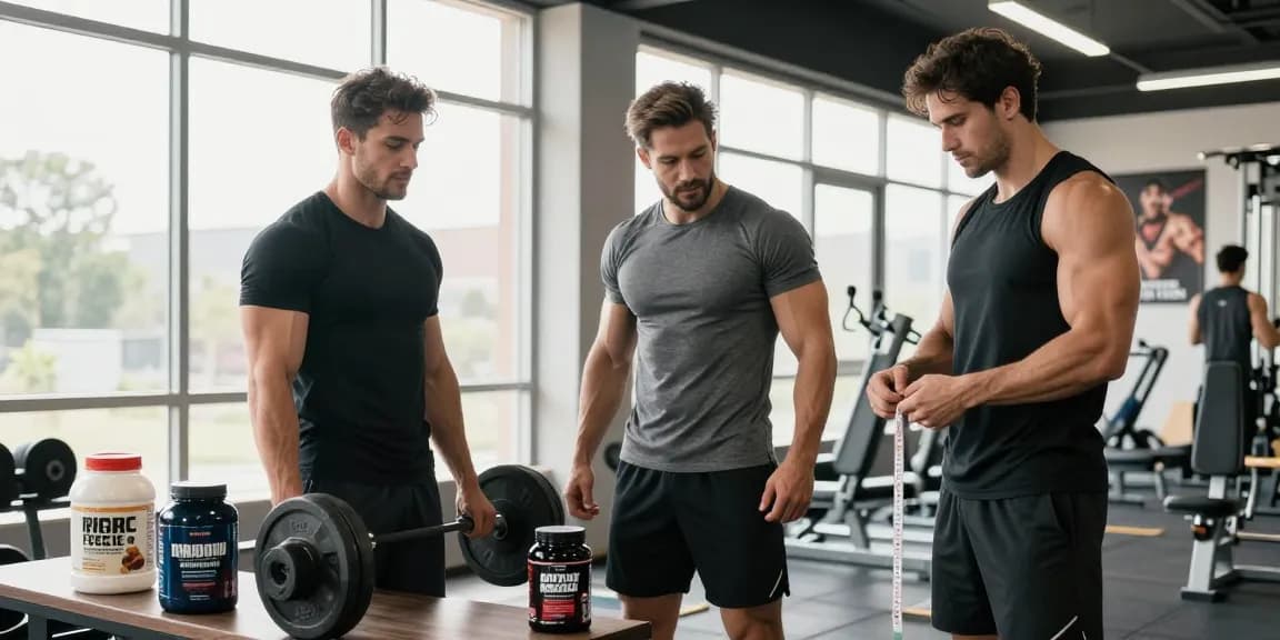 Aktive Bodybuilder im Steroid Shop Deutschland, die Muskeln messen und Fitnessprodukte vergleichen.