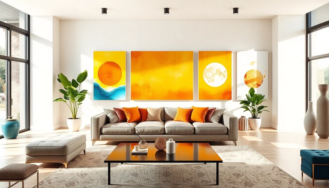 Schöne leinwandbilder in einem modernen Wohnzimmer, die Kreativität und Farbenvielfalt zeigen.