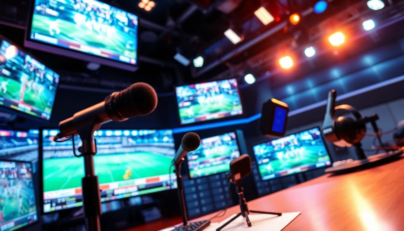 Engaging sports broadcasting in a dynamic studio setting with vibrant lights and screens.