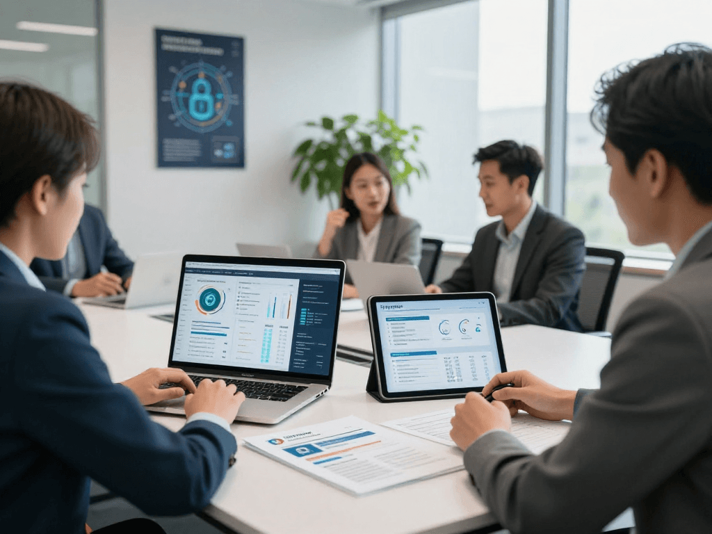 Daten- und IT-Sicherheitsdienstleistungen - IT-Sicherheitsexperte präsentiert umfassende Lösungen in modernem Büro.