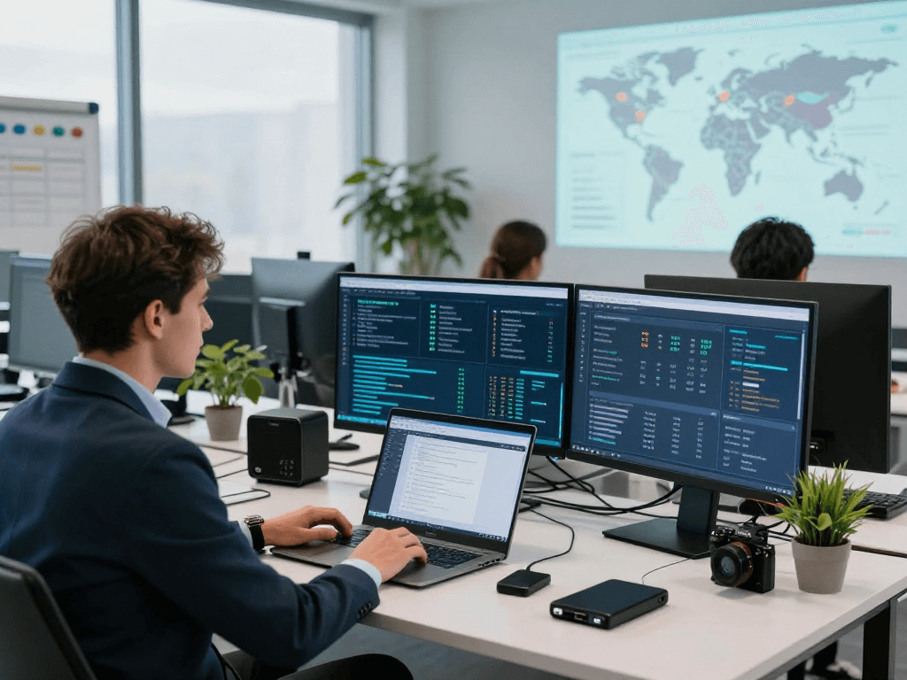 Daten- und IT-Sicherheit Dienstleistung provided by an IT specialist in a modern, secure office environment.