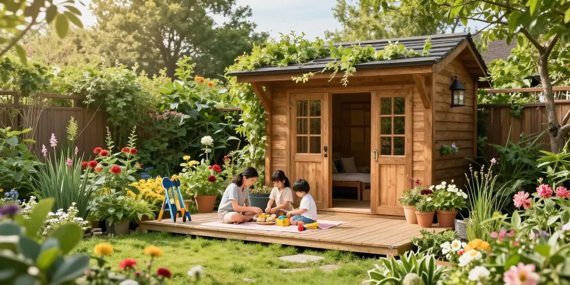 Gartenhäuser aus Holz im idyllischen Garten mit Familie beim Picknick