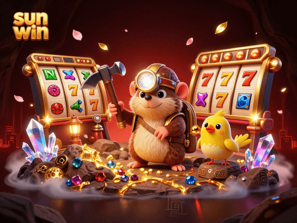 Spin the reels with sun win in this vibrant treasure-seeking casino illustration featuring a mole and treasures.