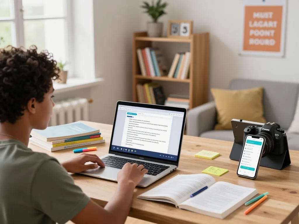 Student, der Hausaufgaben KI kostenlos in einer hellen Lernumgebung mit digitalen Werkzeugen und Lehrbüchern nutzt.