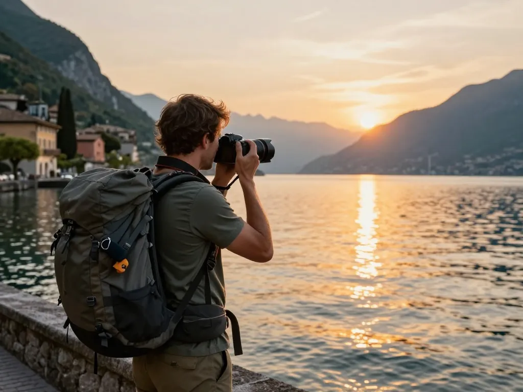 Gardasee Reisetipps: Malerischer Reisender, der den Sonnenuntergang über dem Gardasee mit Wanderausrüstung einfängt.