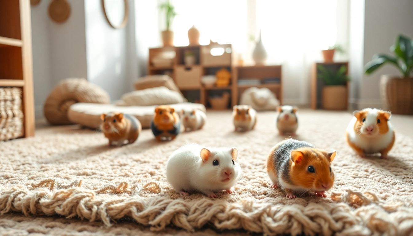 Kaninchen und Meerschweinchen auf einer Nagermatte in einem gemütlichen Käfig.