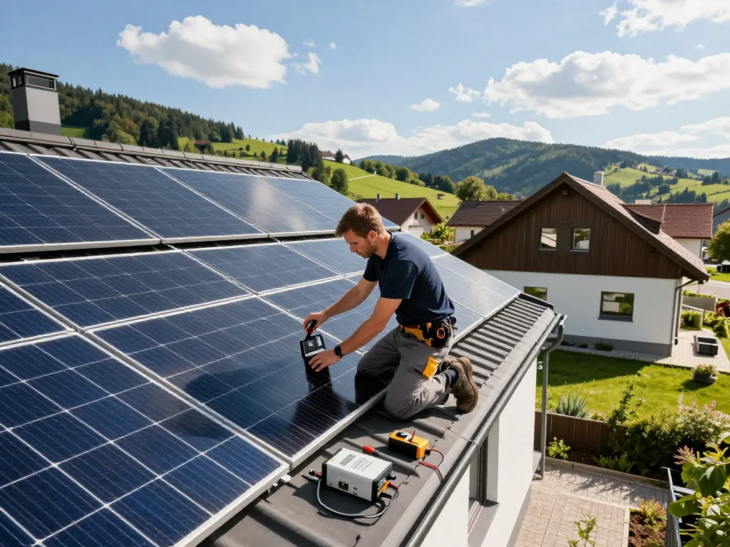 Photovoltaik Bayern Installation, bei der ein Techniker an Solarpanels in Bayern arbeitet.