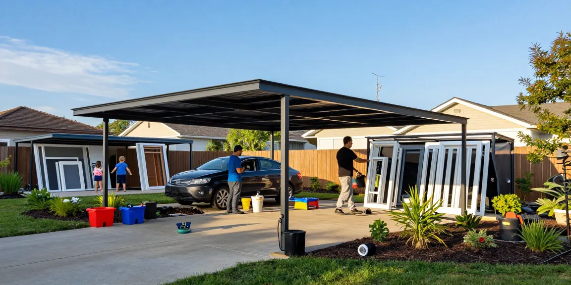 Moderne Carport-Installation auf der Auffahrt, Handwerker bei der Montage