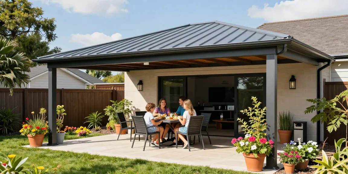 Moderne Terrassenüberdachungen im sonnigen Garten mit Familie am Esstisch.