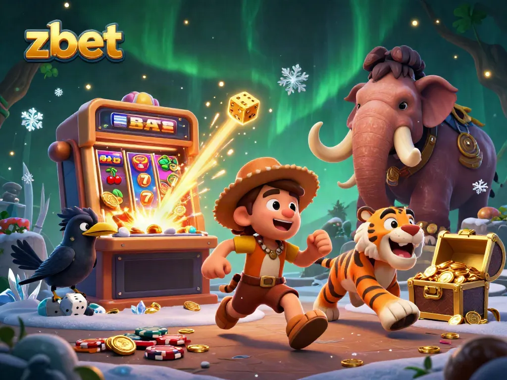 Experience zbet's thrilling prehistoric casino with cavemen, a sabertooth tiger, and vibrant gaming elements.