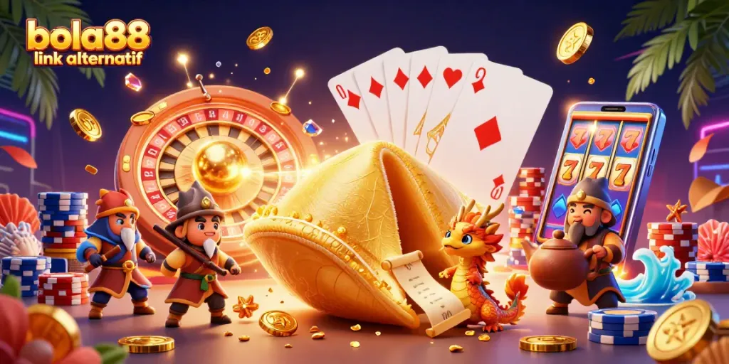 Bola88 link alternatif showcases a vibrant, dynamic casino scene with rich details and characters engaging in gambling.