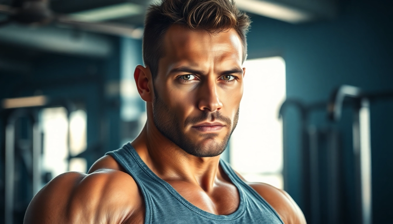 Starkes Bild vom Bodybuilder, der sustanon 250 kaufen möchte und sich auf Training konzentriert.