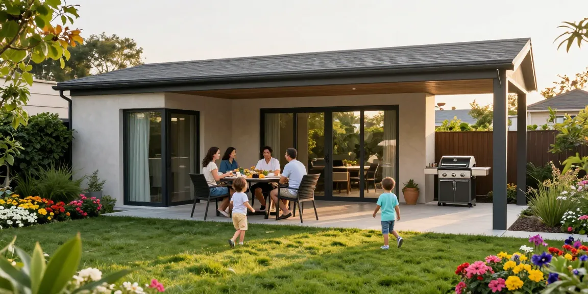Terrassenüberdachung freistehend in einem modernen Garten mit Familienfeier und blühenden Pflanzen.