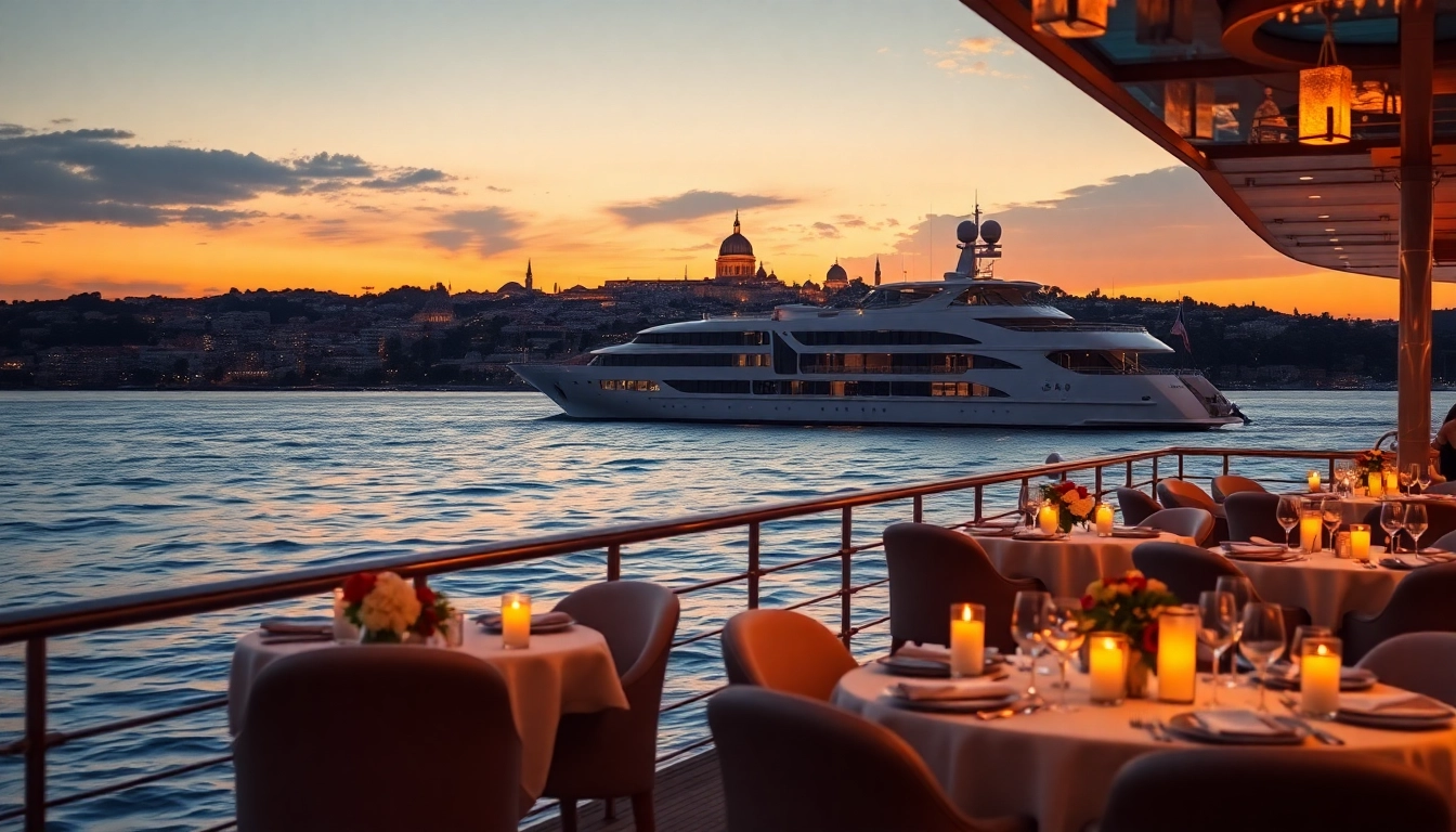 Bosphorus sunset cruise with a luxurious yacht against Istanbul's skyline.