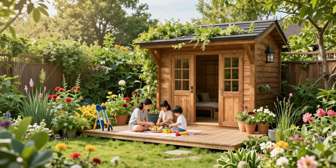 Gartenhäuser aus Holz im idyllischen Garten mit Familie beim Picknick