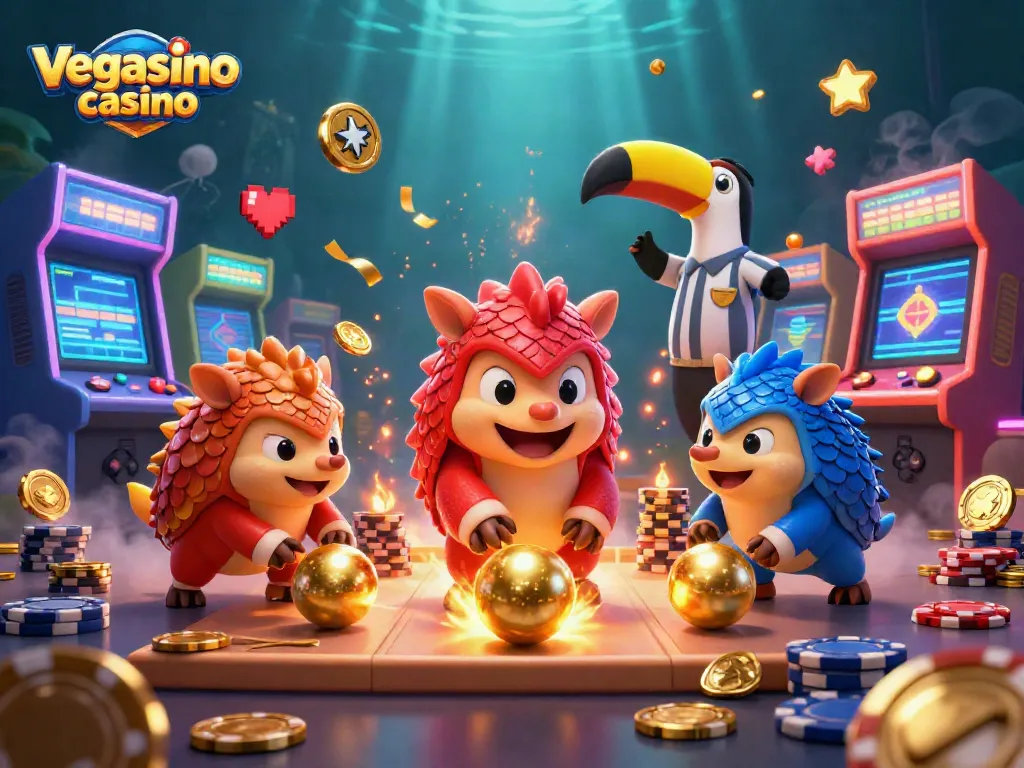 Experience thrilling action at vegasino casino with rival pangolins and exciting arcade elements in this vibrant illustration.