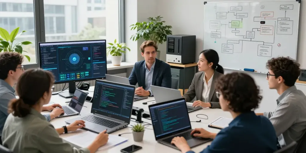 Cybersecurity Frankfurt: Teamarbeit in einem modernen Büro, Cyber-Bedrohungs-Dashboards auf Bildschirmen.