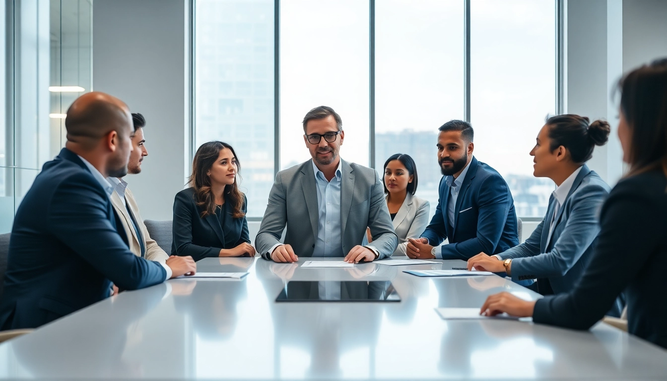 Hochqualifizierter Headhunter Schweiz diskutiert erfolgreich mit einem Team in modernem Büro.