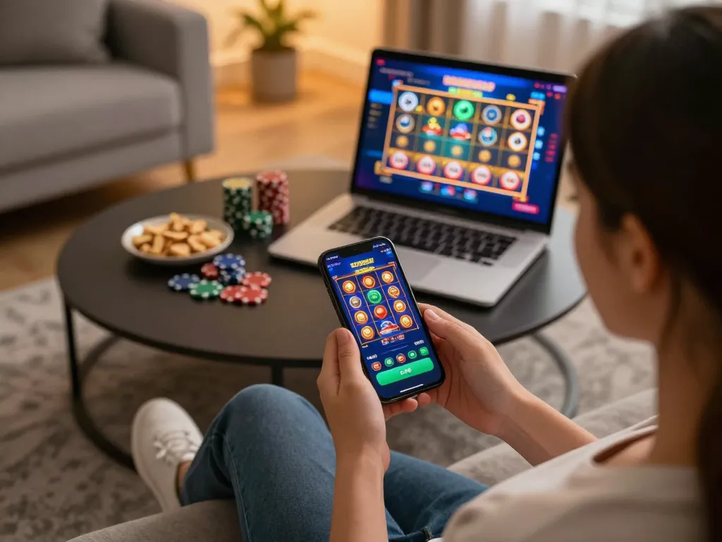 Player exploring SC88E mobile app for online gaming in a cozy living room setting
