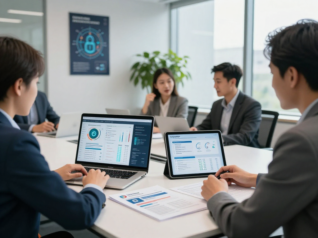 Daten- und IT-Sicherheitsdienstleistungen - IT-Sicherheitsexperte präsentiert umfassende Lösungen in modernem Büro.