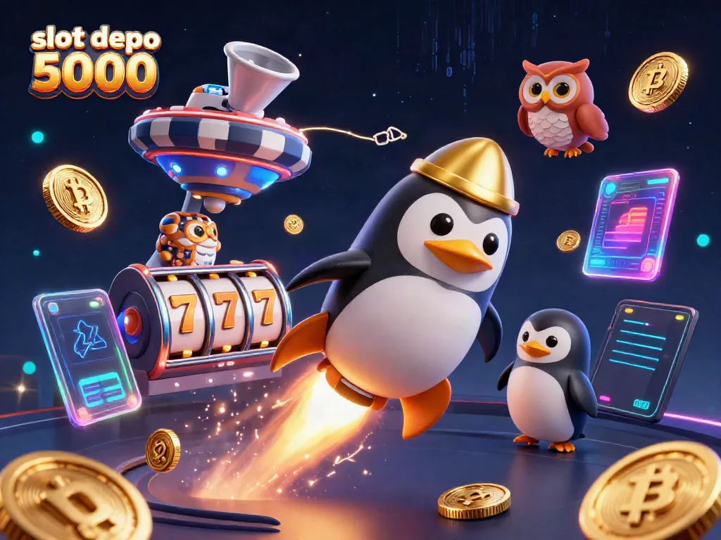 Spin the reels with the vibrant action of slot depo 5000, featuring animated golden penguins and poker chip motifs.