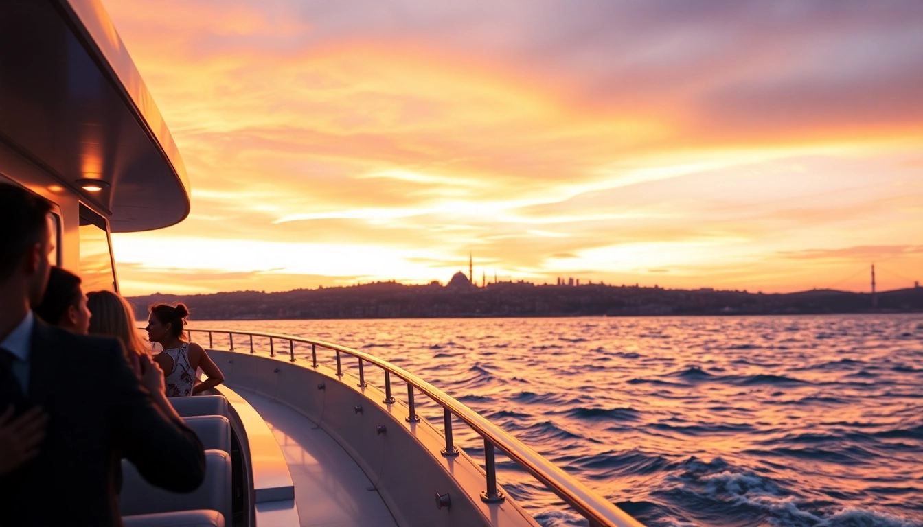 Bosphorus sunset cruise with tourists enjoying a scenic view of Istanbul skyline at dusk.