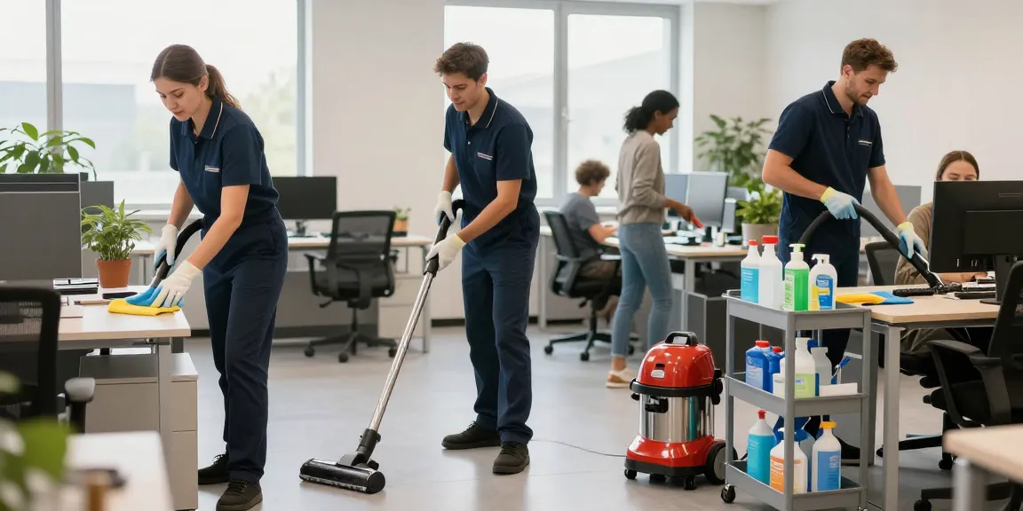 Professional cleaning team in action, demonstrating unterhaltsreinigung bern services in an organized office environment.
