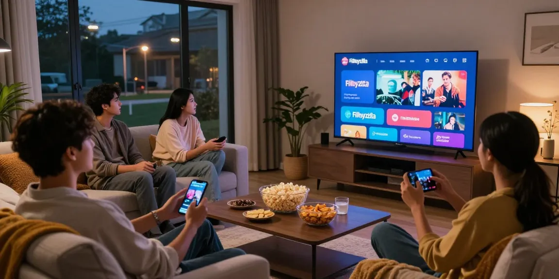 Friends enjoying a movie night using the filmyzilla app on their smart TV, cozy and inviting living room atmosphere.