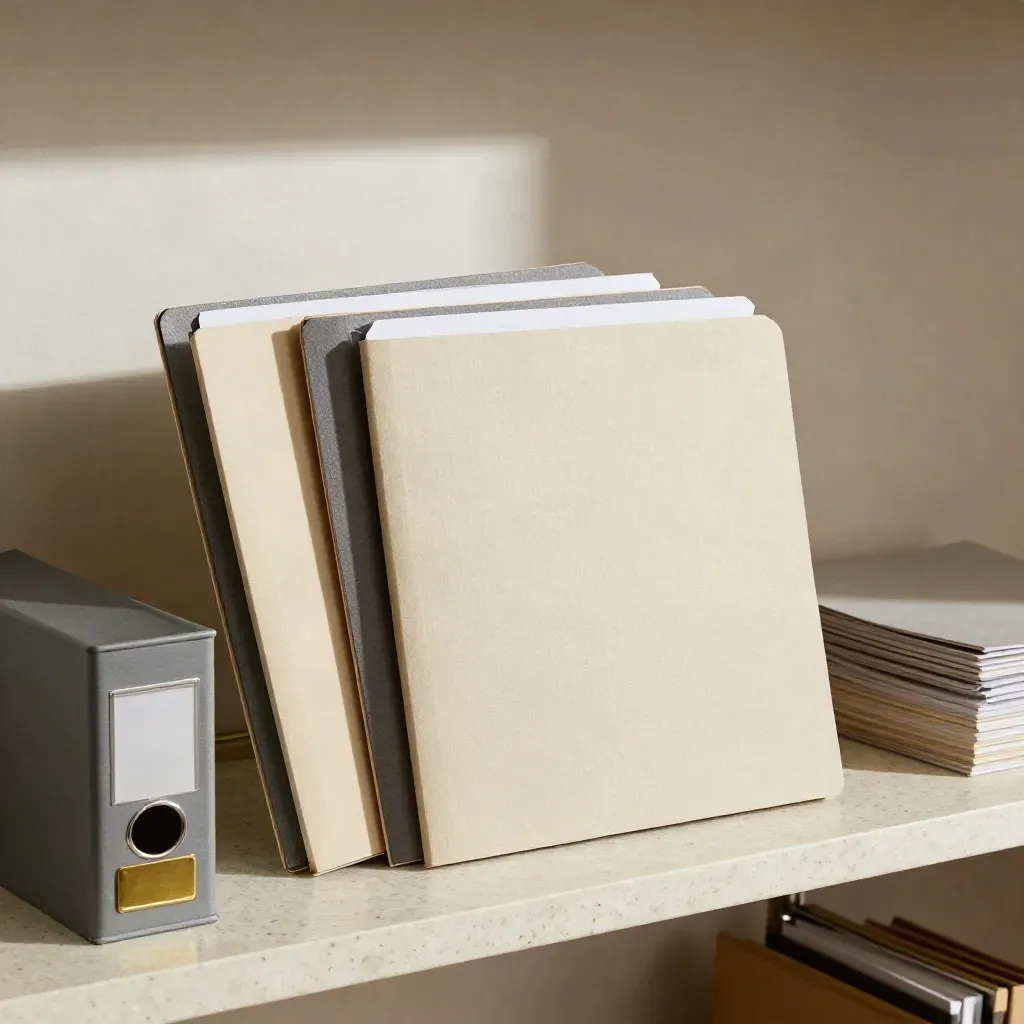 Drei Referenzmappen und Archivbox auf Travertin, in Bewegung sortiert