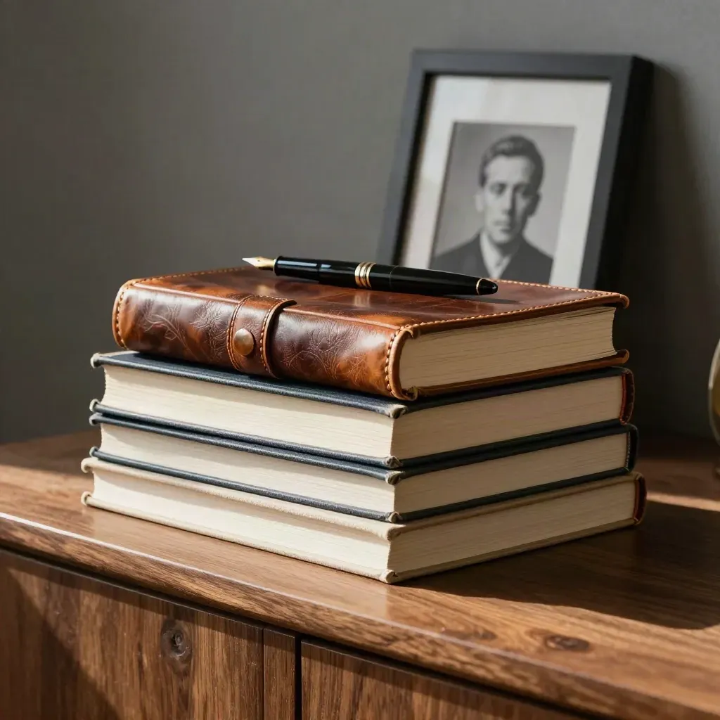 Lederjournal, Bücher, gedrehter Portraitrahmen und Füller auf warmem Walnussholz.