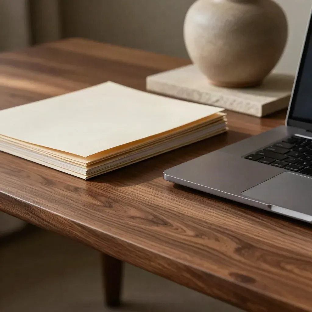 Walnuss-Schreibtisch mit Laptop, Projektmappen, Lampe und Steinpodest im warmen Licht