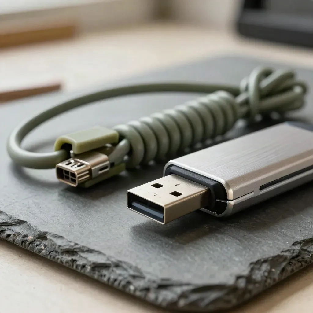 Makro von USB-Stick, Ethernetkabel, Trackpadkante und Kabelbindern auf dunkler Werkbank.