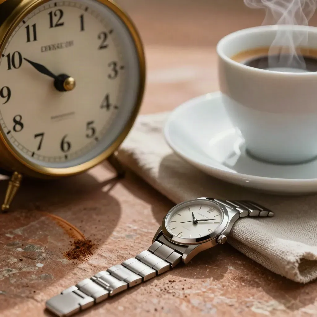 Brassuhr, Espressotasse und Armbanduhr auf warmer Steinfläche mit Kaffeedampf.