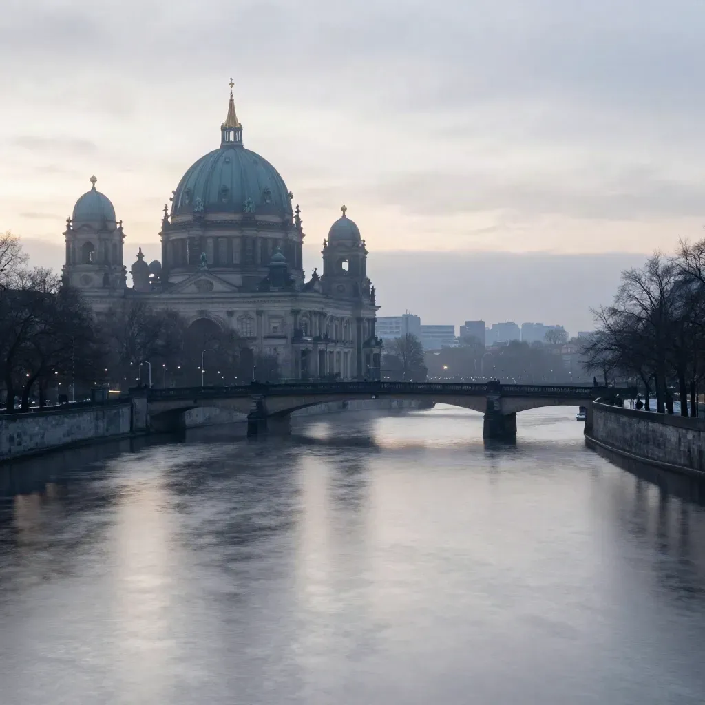 Berlin bei Morgendämmerung: Museuminsel und Brücken über ruhigem, nebligem Spreewasser.