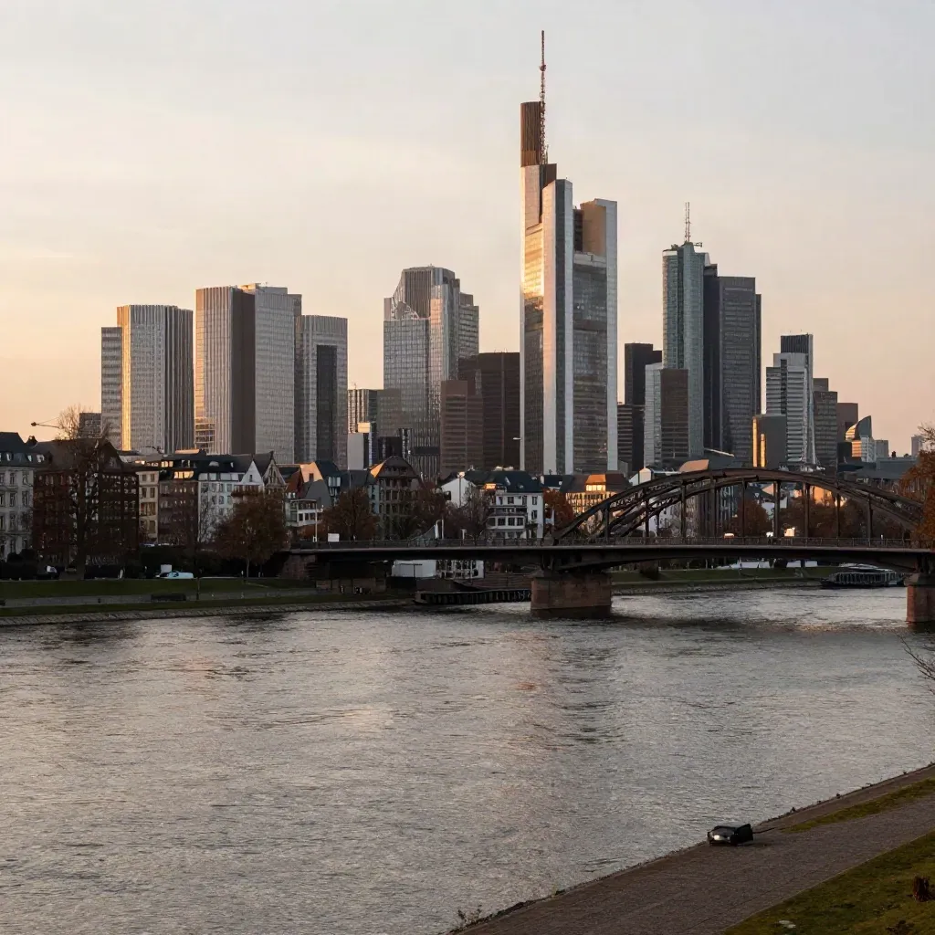 Frankfurter Skyline über dem Main im goldenen Abendlicht, weit und ruhig.