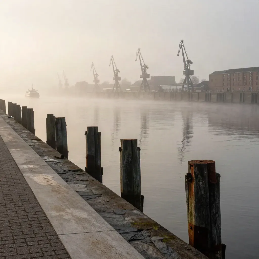 Mistiger Blick auf Hamburgs Elbe mit Kränen und Hafenkanten über ruhigem Wasser