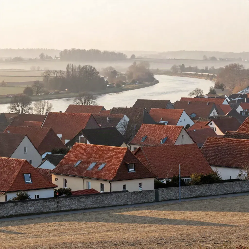 Heller deutscher Horizont mit Dächern, Flussbiegung und Nebel für Textfläche.