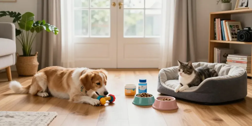 Zubehör für Haustiere in einem gemütlichen Wohnzimmer mit Hund und Katze, die miteinander spielen.