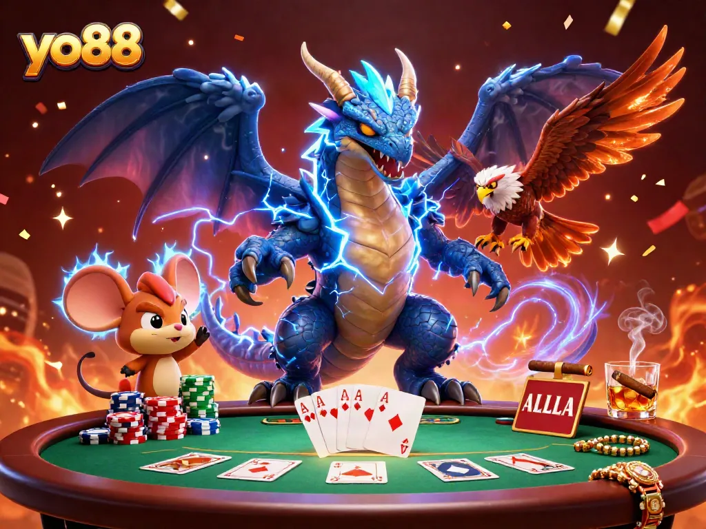 Engage in thrilling poker action with yo88 featuring vibrant characters and dynamic game elements in a captivating 3D scene.