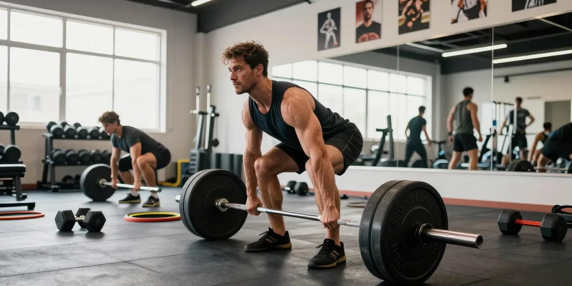 Selliza Shop: Athlet beim Krafttraining im modernen Fitnessstudio, umgeben von Equipment.