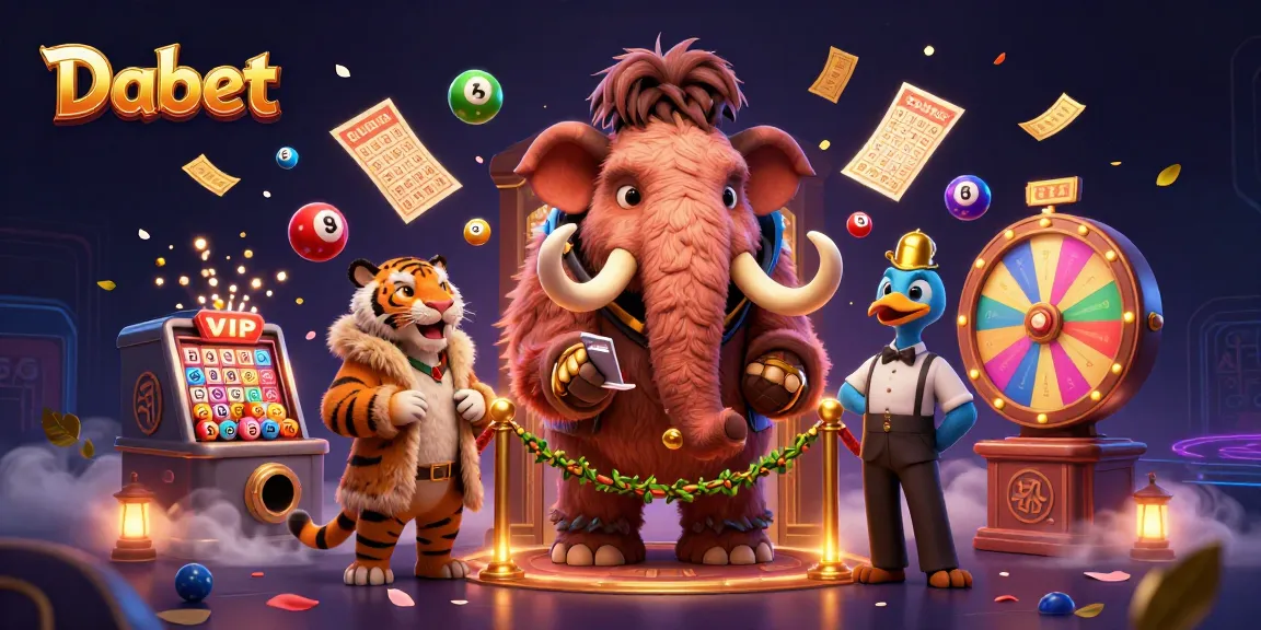 Dabet showcases vibrant lottery excitement with 3D characters, gems of chance, and colorful dynamic visuals.