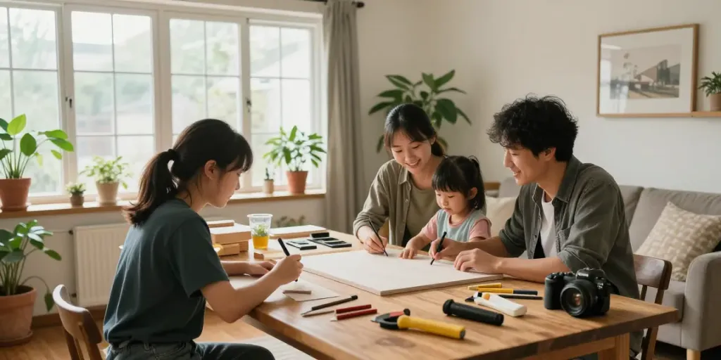 Eigenheim-Blog: Familie bei einem DIY-Projekt zur Verschönerung des Wohnzimmers mit Sonnenschein und Pflanzen