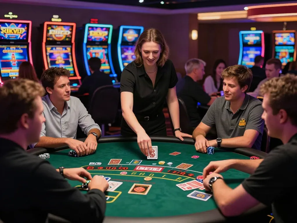 Engaging casino atmosphere at https://rikvipt1.co/ with players at live tables and lively slots.