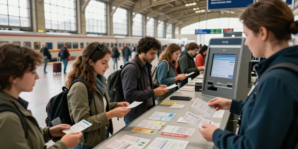Zugtickets am Bahnhofsautomaten und am Schalter kaufen, Reisende in lebhafter Umgebung.