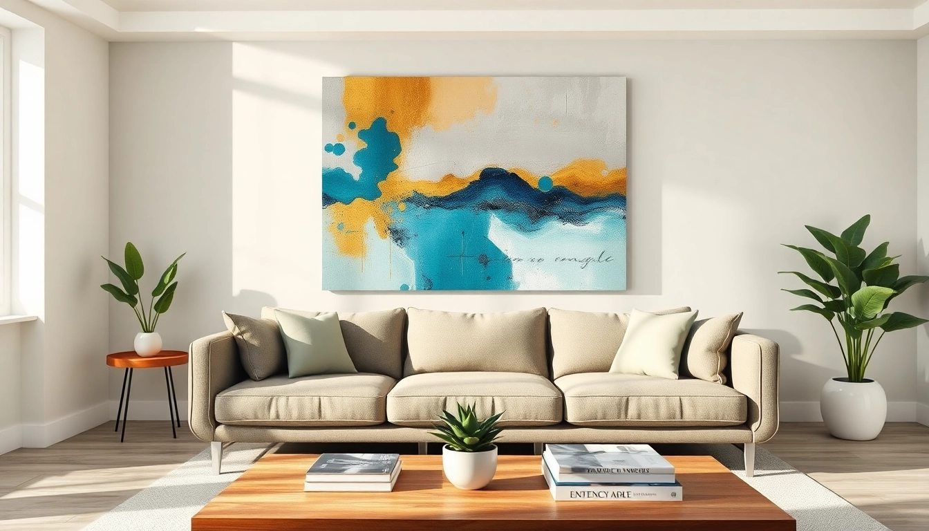 Betrachten Sie die leinwandbilder in einem einladenden Wohnzimmer, perfekt platziert über einer minimalistischen Couch.