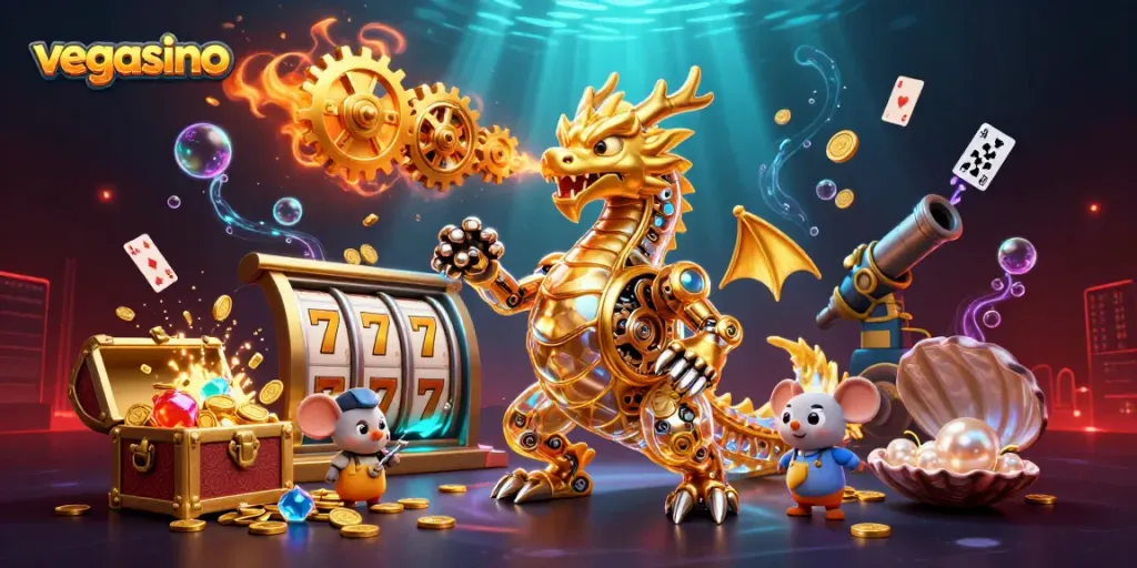 Experience the thrilling world of vegasino with a vibrant dragon and game elements.